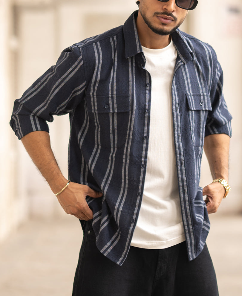 Navy Blue Striped Regular Fit Full Sleeves Shirt