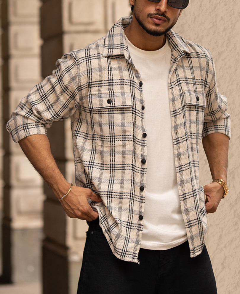Off-White Checked Full Sleeves Regular Fit Shirt