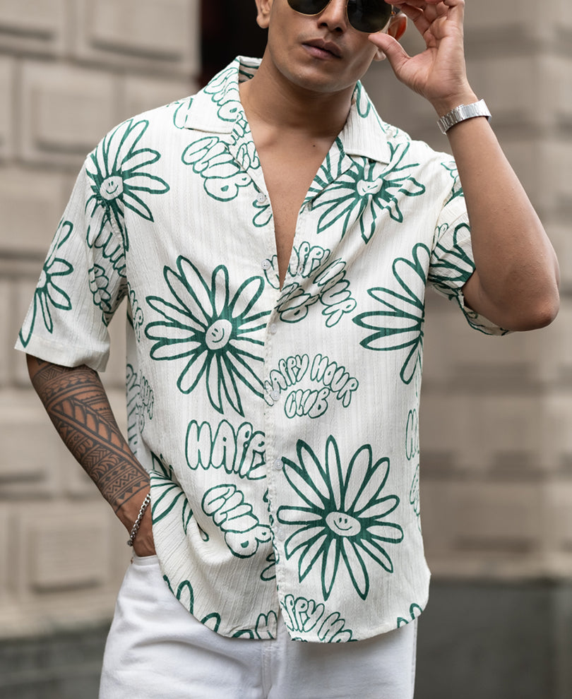 Green Printed Oversized Half Sleeve Cuban Collar Shirt