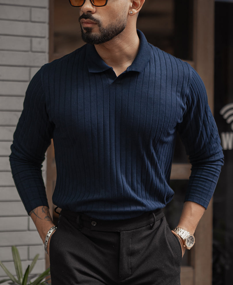 Navy Blue Regular Fit Full Sleeves T-Shirt