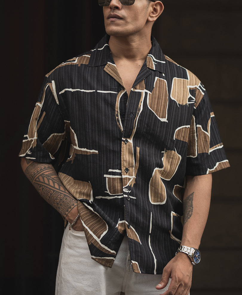 Black and Beige Printed Oversized Half Sleeve Cuban Collar Shirt