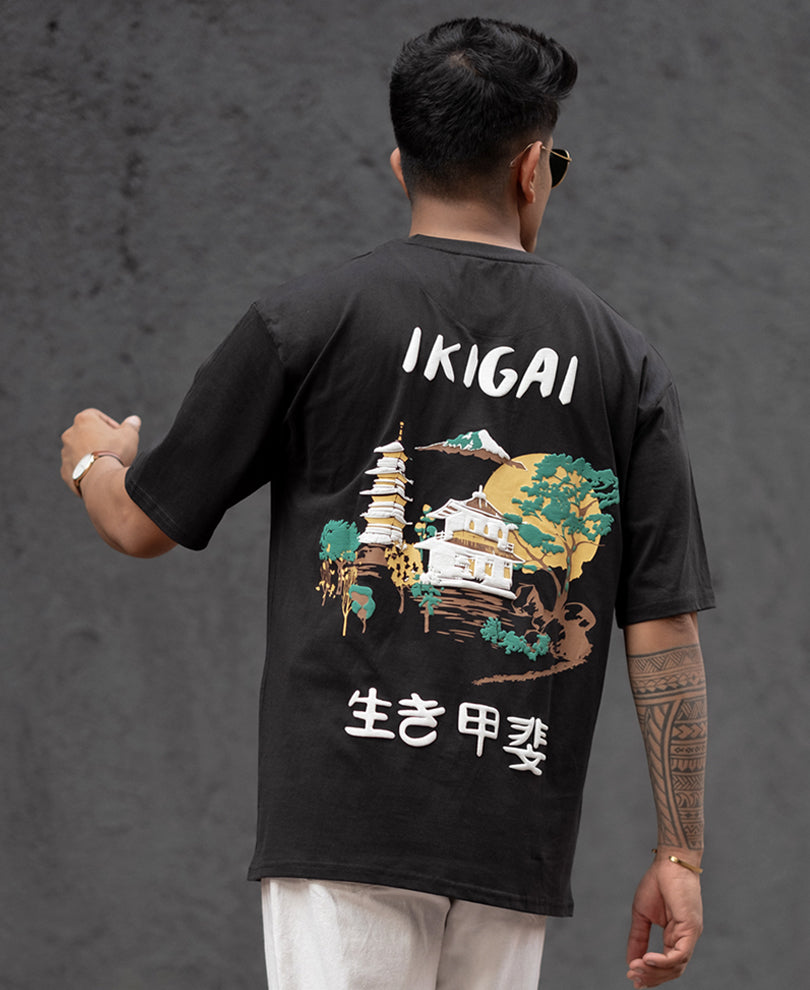 Black Ikigai Print Oversized Half Sleeves T-Shirt