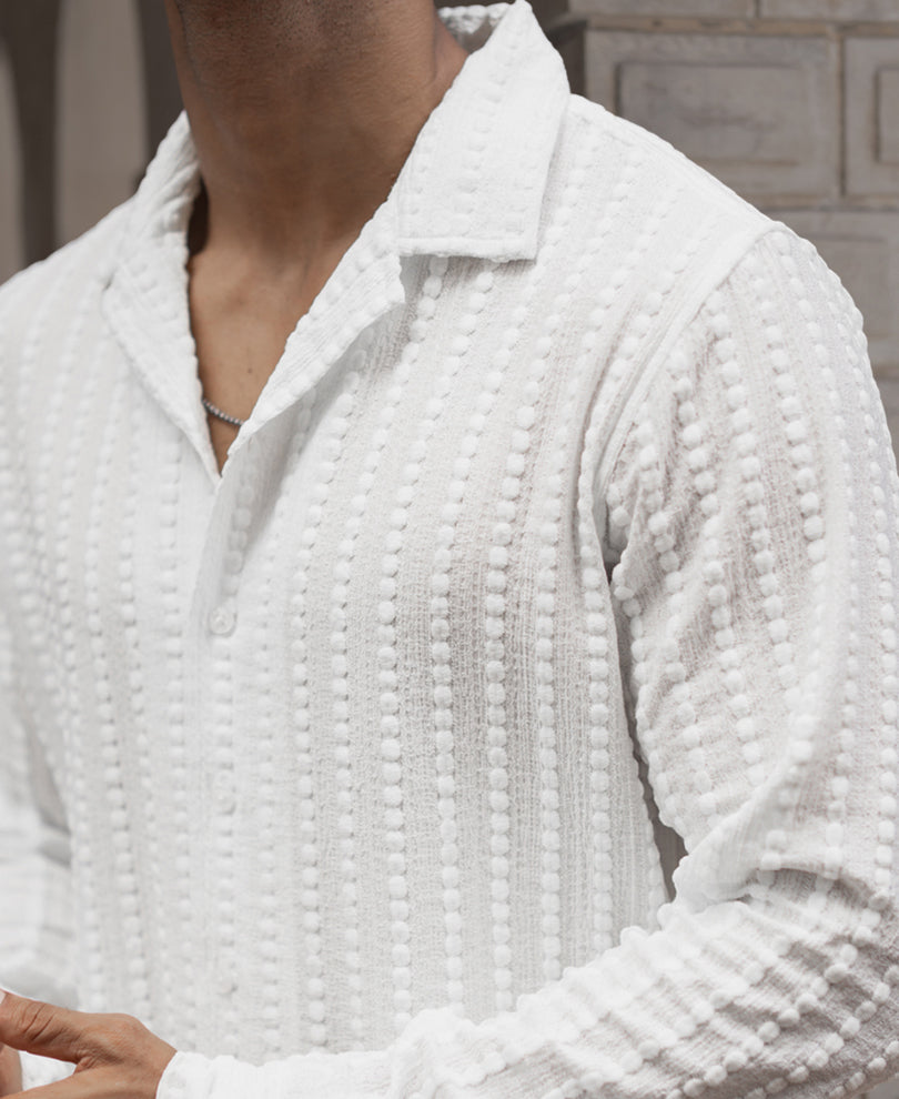 White Self Striped Structured Regular Fit Full Sleeves Shirt