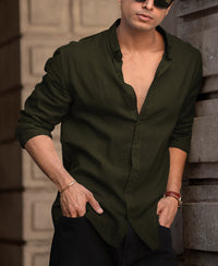 Olive Cotton Linen Regular Fit Full Sleeves Shirt