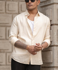 Cream Cotton Linen Regular Fit Full Sleeves Shirt
