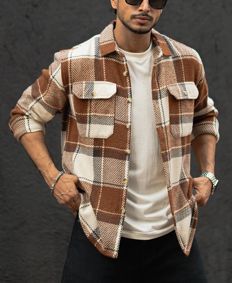 Brown And Off-White Checked Regular Fit Full Sleeves Shirt