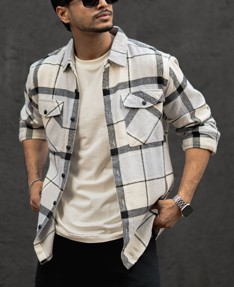 Grey And Black Checked Regular Fit Full Sleeves Shirt