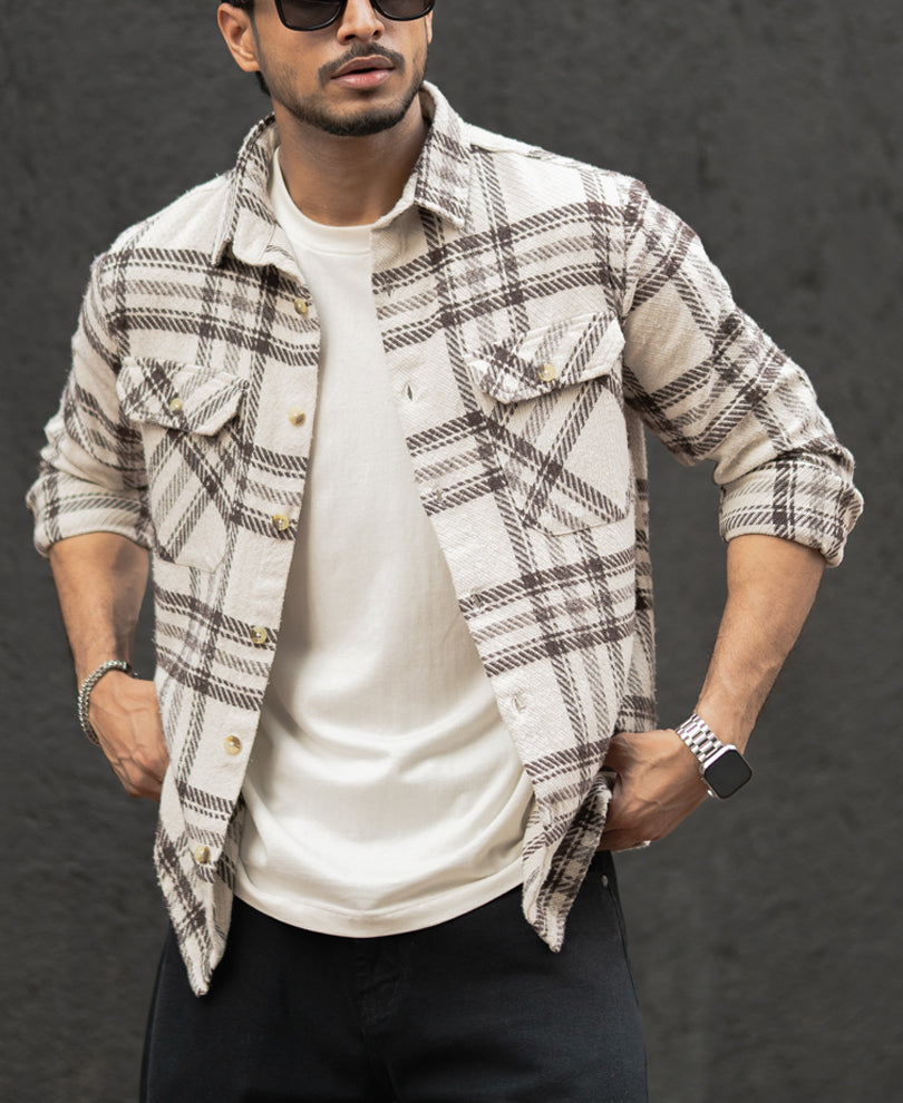 Off-White And Brown Regular Fit Full Sleeves Shirt