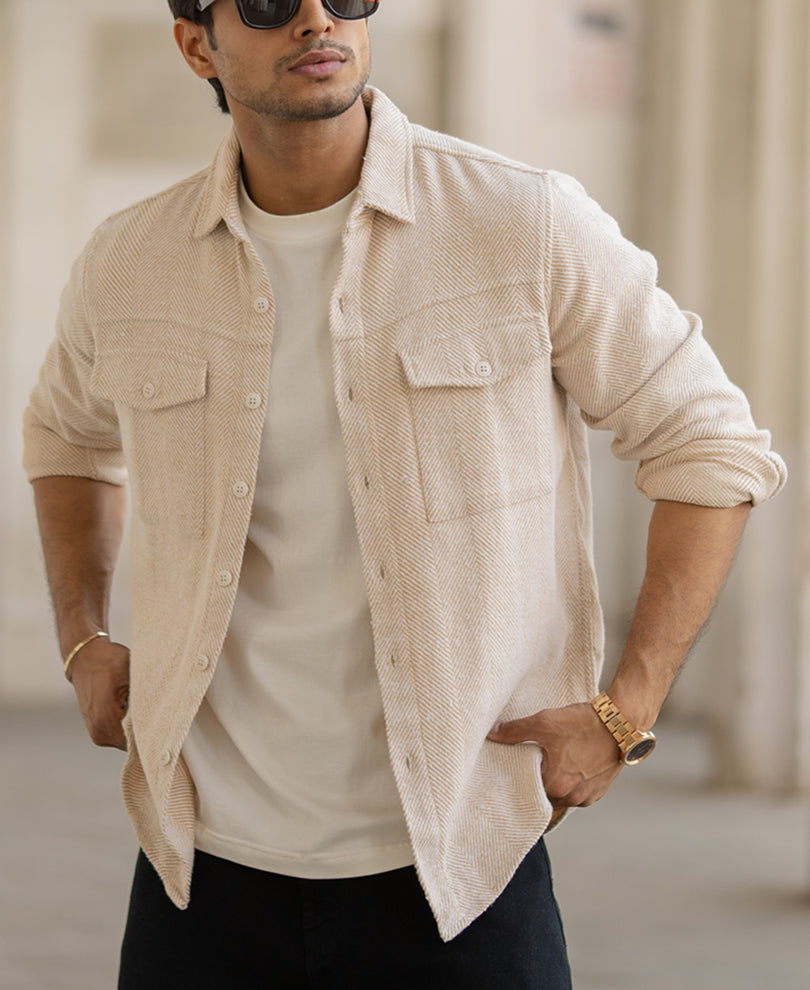 Beige Full Sleeves Structured Regular Fit Shirt