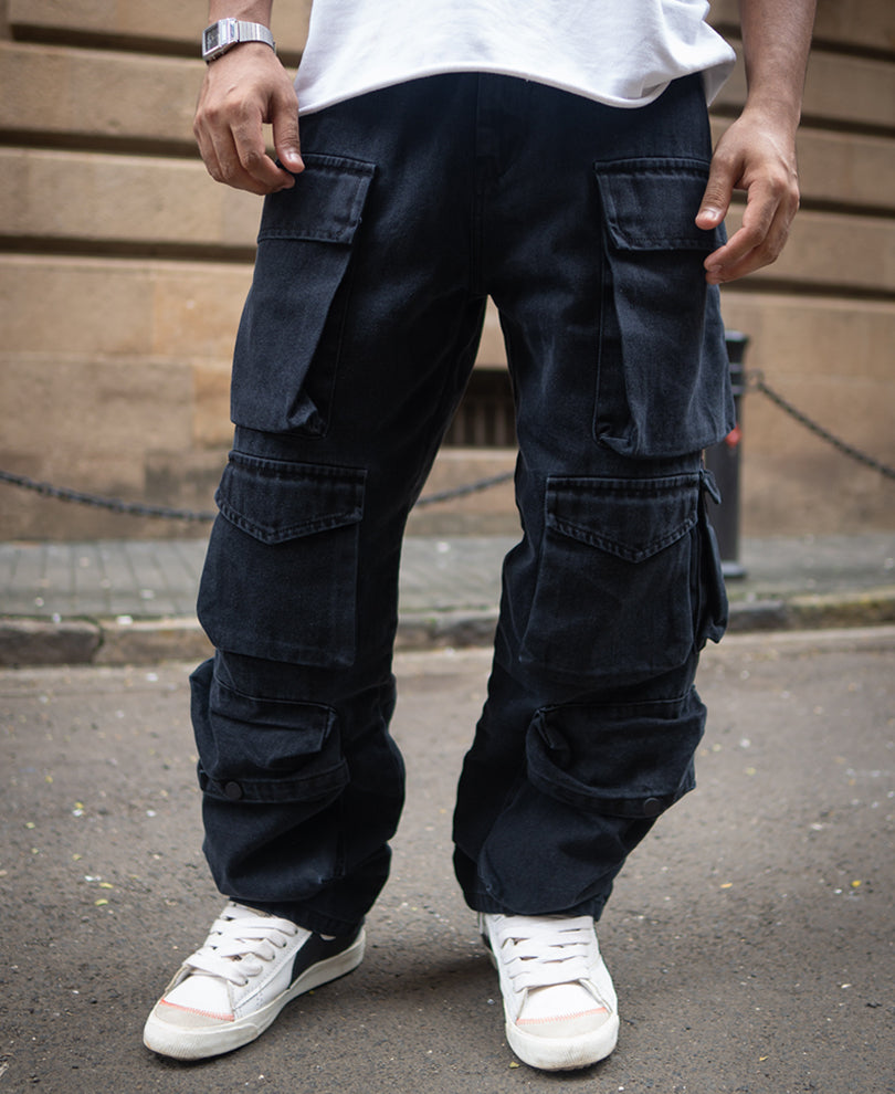 Black Multi Pockets Baggy Fit Denim Cargo Jeans
