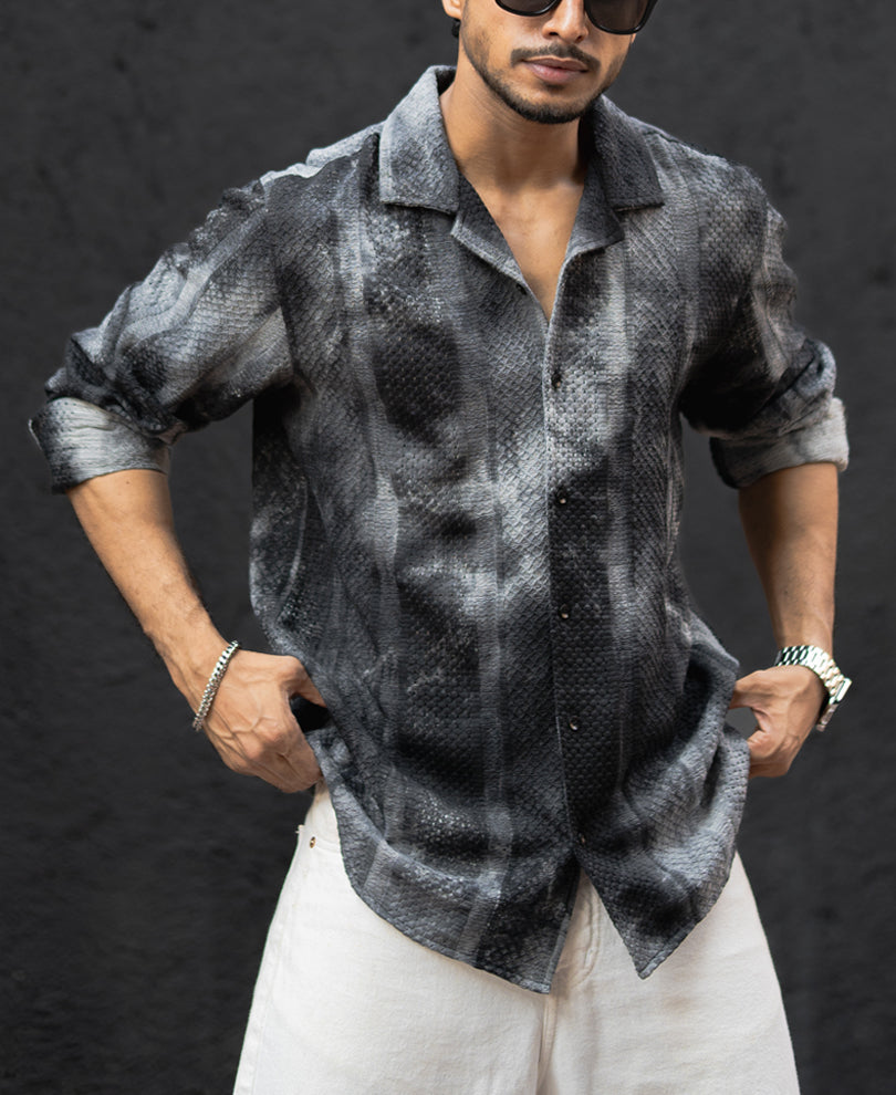 Black Tie Dye Print Regular Fit Full Sleeves Shirt