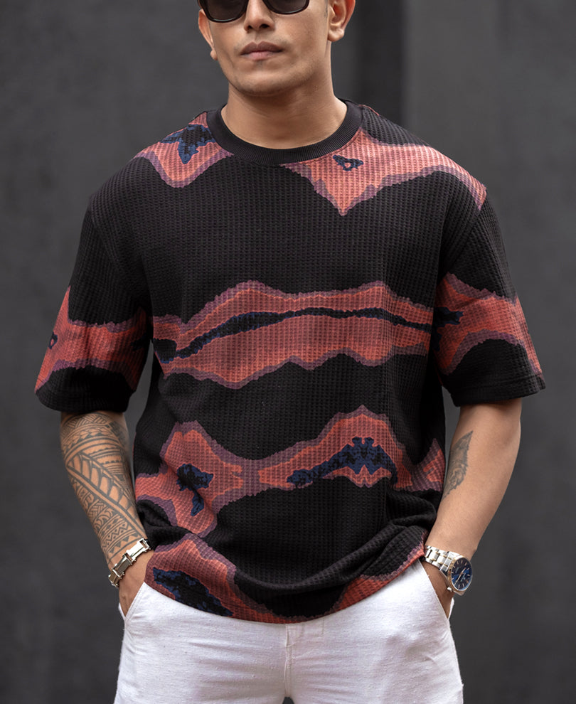 Black Waffle Oversized Half Sleeves T-Shirt