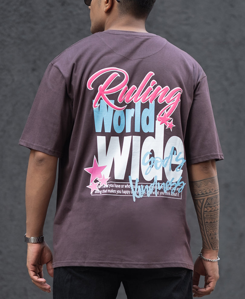 Coffee Brown World Wide Print Oversized Half Sleeves T-Shirt