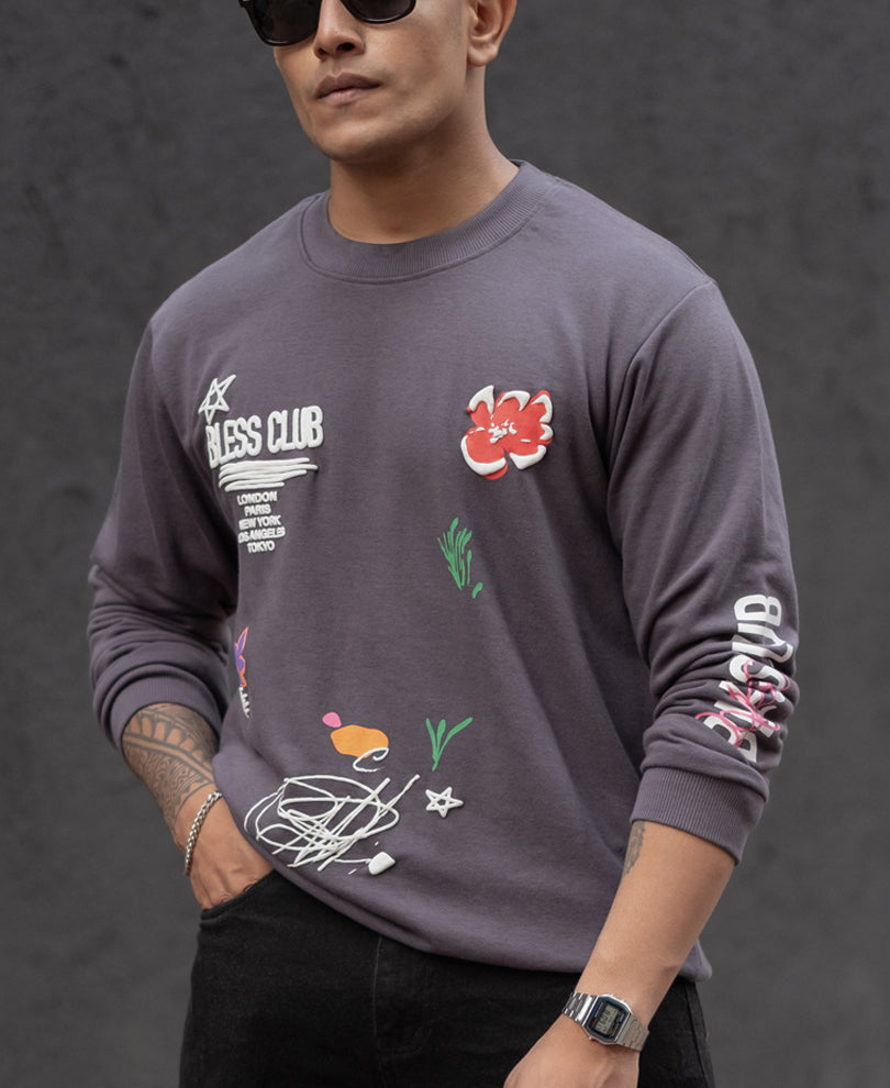 Grey Bless Club Print Oversized Full Sleeves T-Shirt