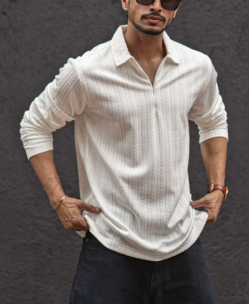 White Structured Regular Fit T-Shirt With Zip