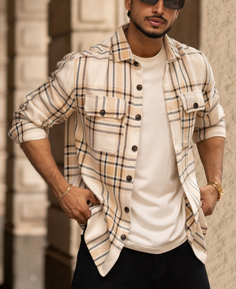 Light Beige Full Sleeves Double Pocket Regular Fit Shirt