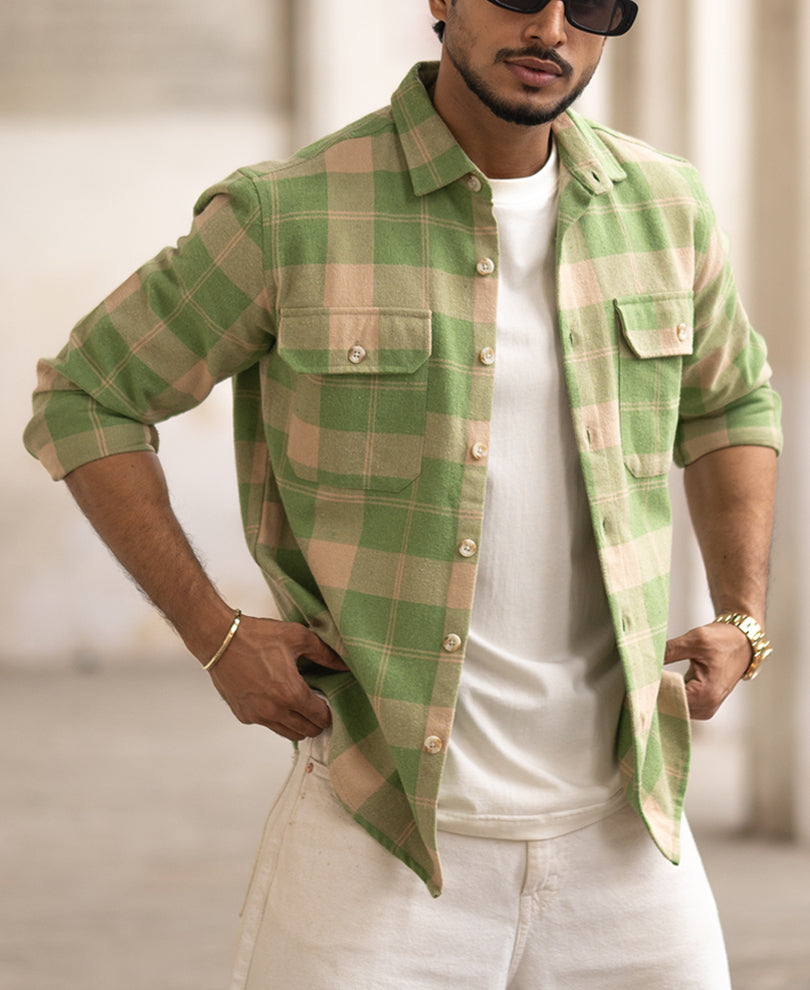 Green Checked Regular Fit Full Sleeves Shirt