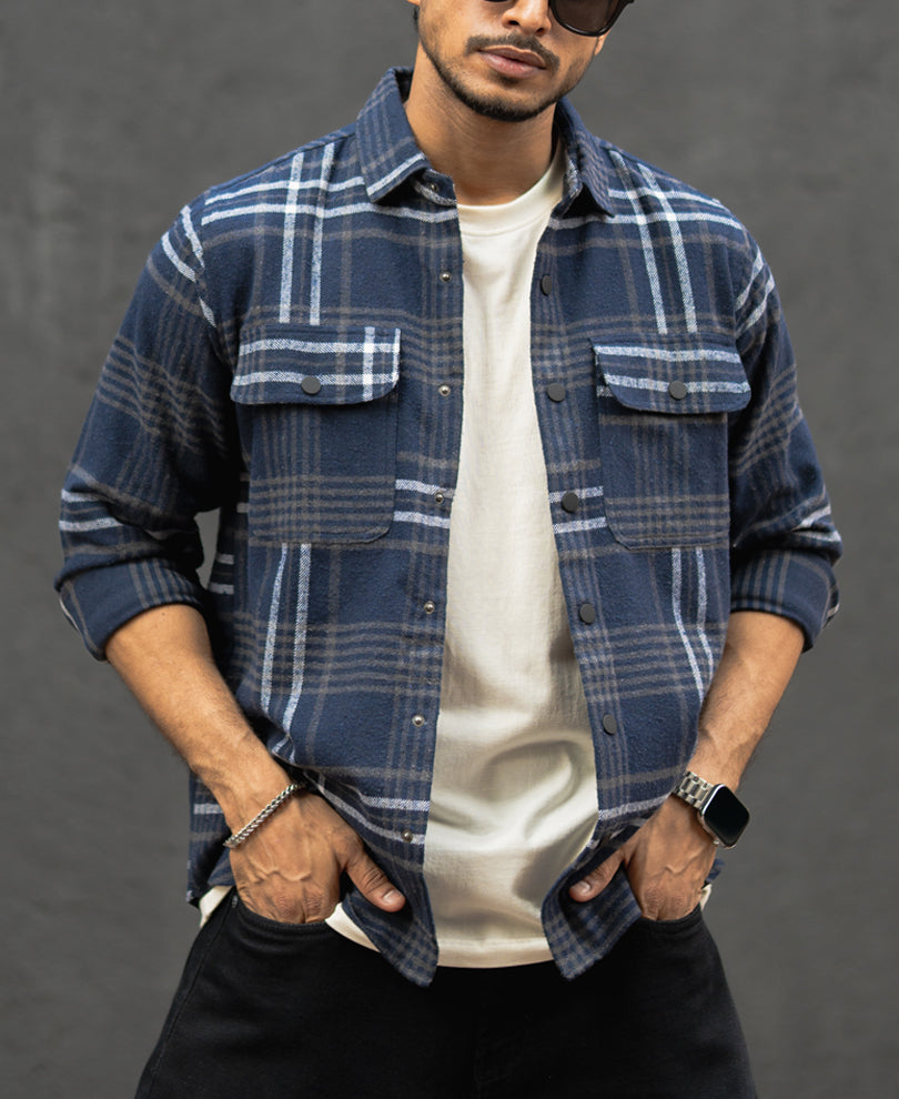 Navy Checked Regular Fit Full Sleeves Shirt With Double Pocket