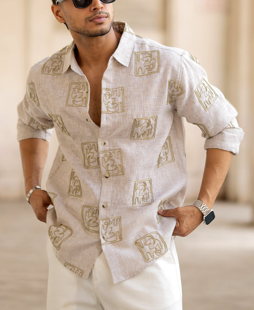 Natural Green Embroidery Regular Fit Shirt