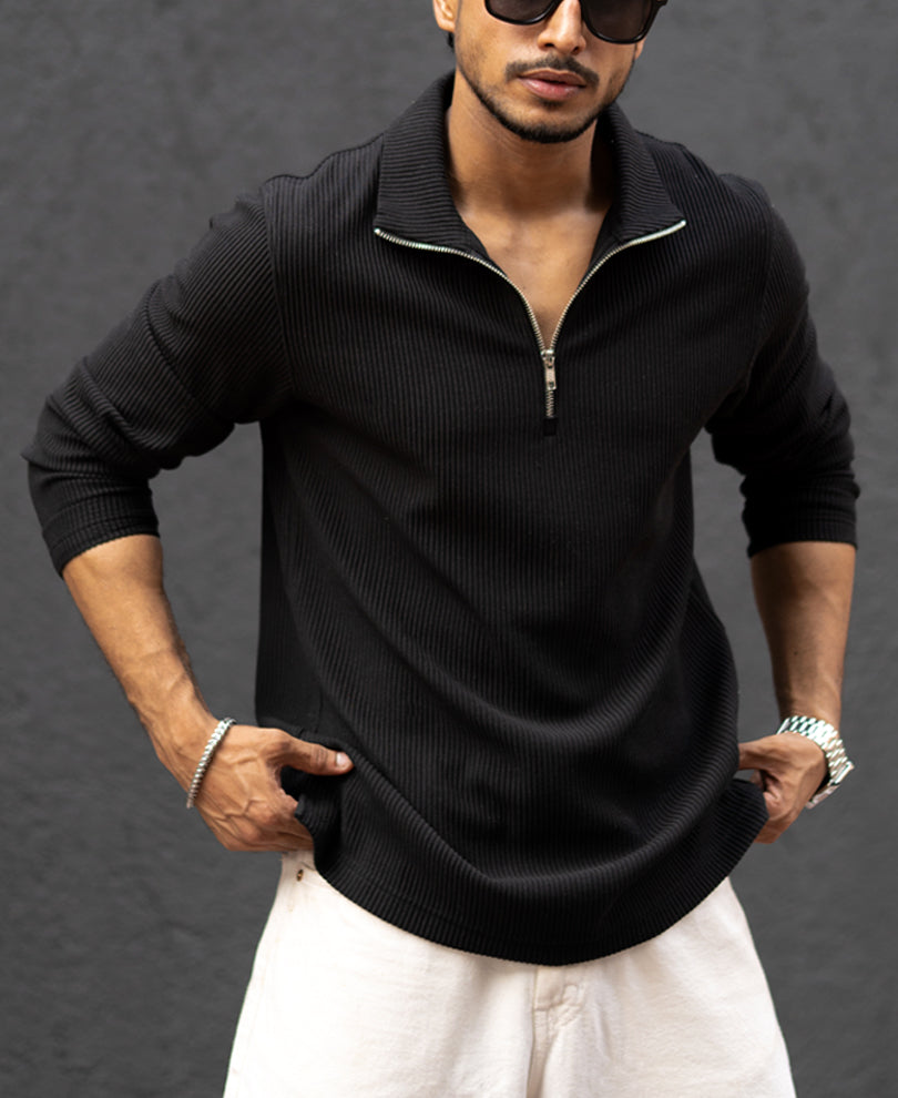 Black Structured Full Sleeves Regular Fit T-Shirt