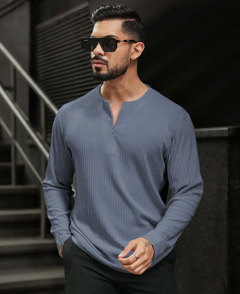 Grey Structured Full Sleeves Regular Fit T-Shirt