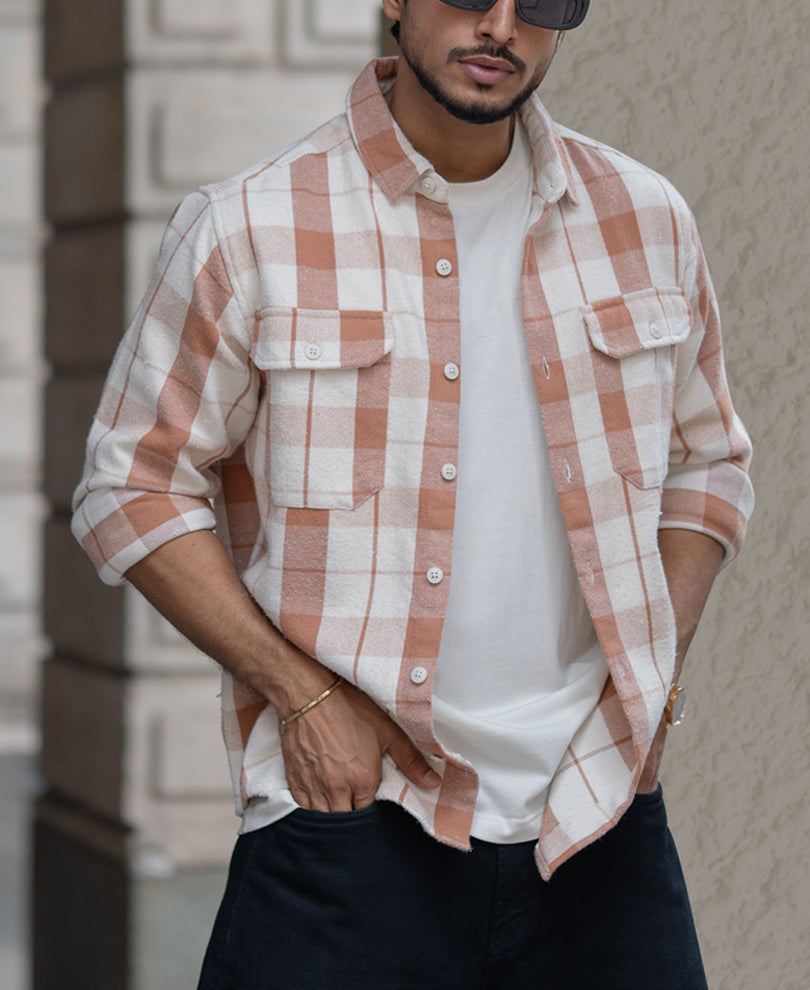 Off-White And Brown Checks Regular Fit Full Sleeves Shirt
