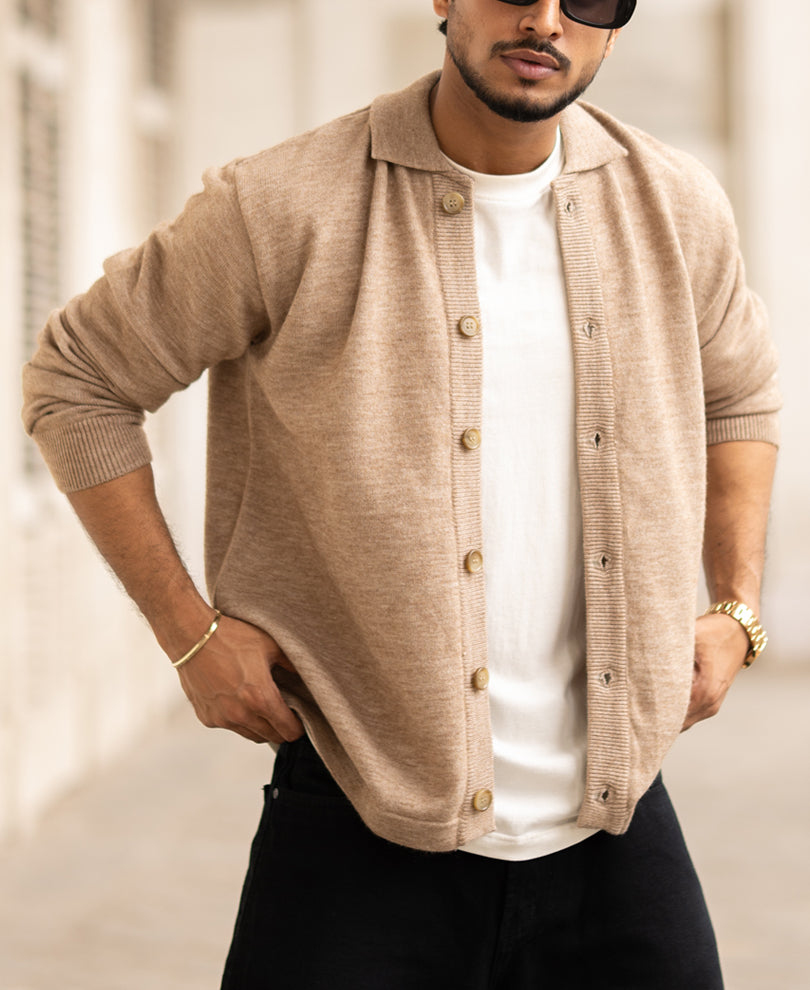 Beige Regular Fit Full Sleeves Woolen Shirt