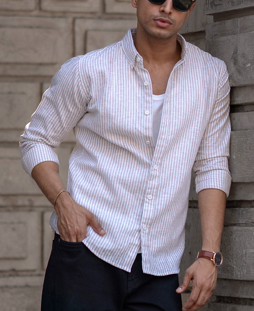 Beige Striped Regular Fit Full Sleeves Shirt