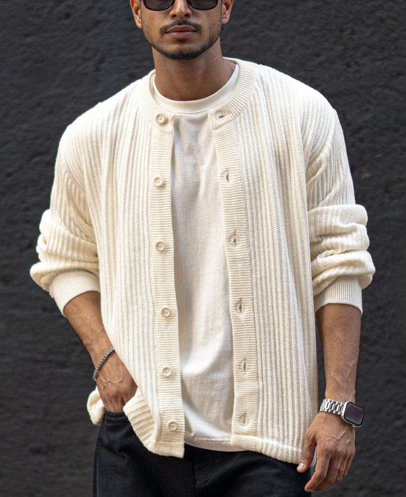 Off White Regular Fit Full Sleeves Sweater Jacket