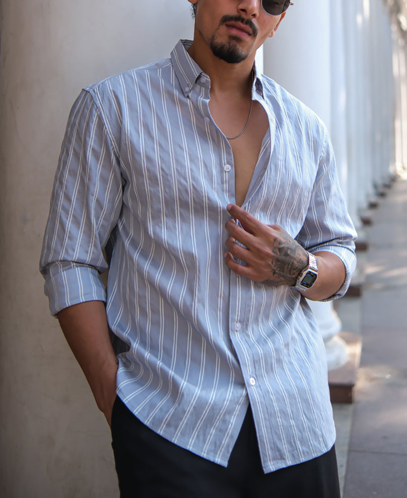 Light Grey Stripes Regular Fit Full Sleeves Shirt
