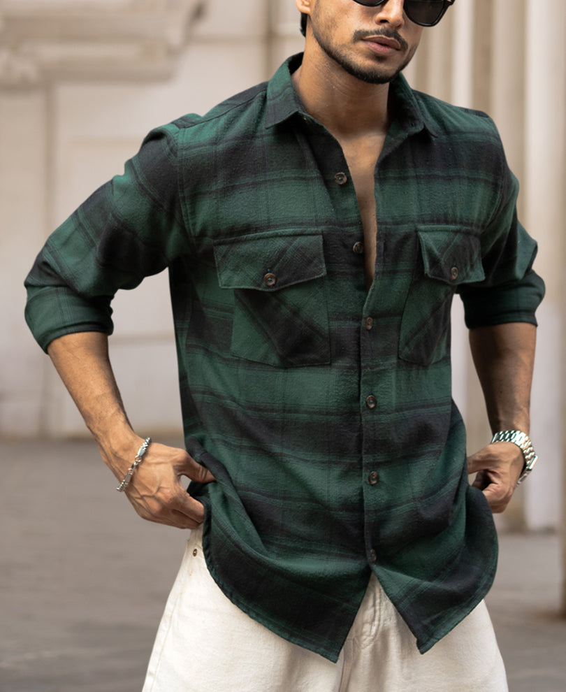 Green Checks Regular Fit Full Sleeves Shirt