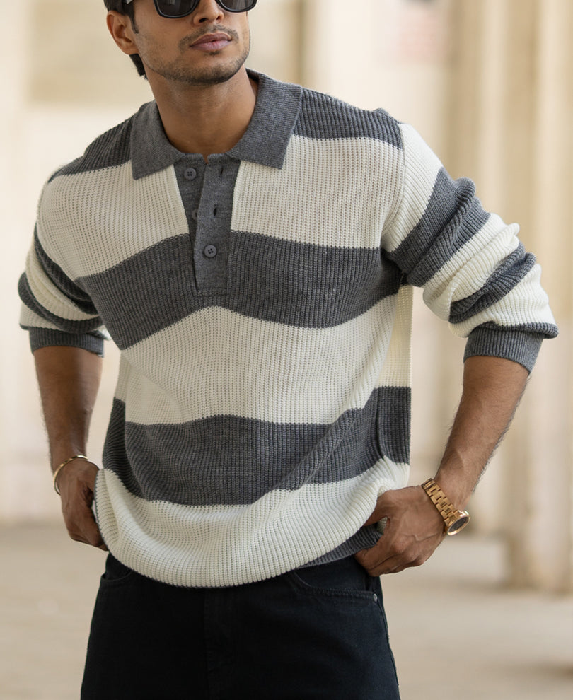 Grey Striped Regular Fit Full Sleeves Flat Knit T-Shirt