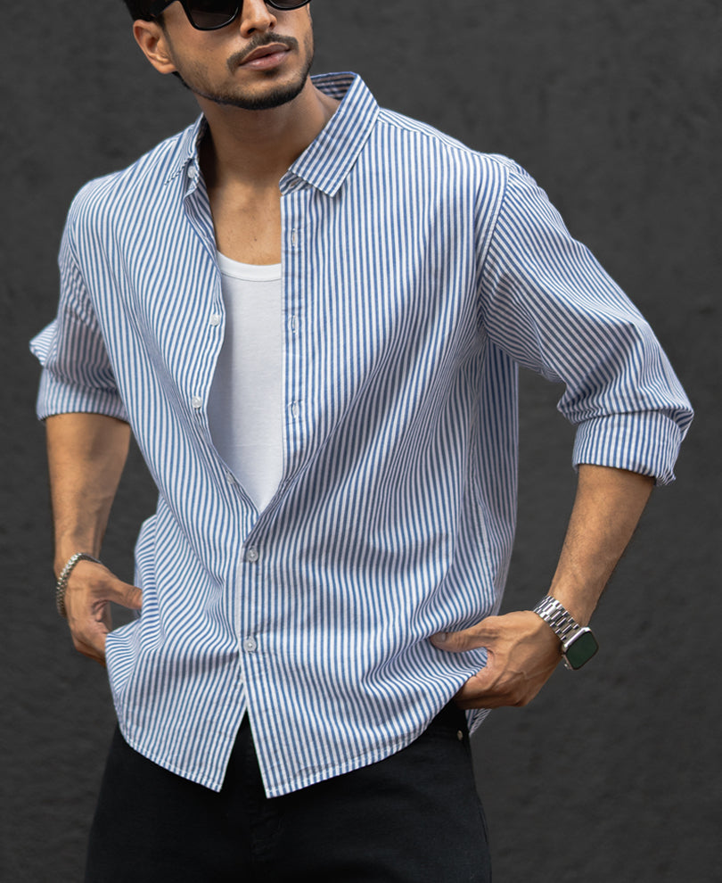 Blue And White Stripes Full Sleeves Regular Fit Shirt