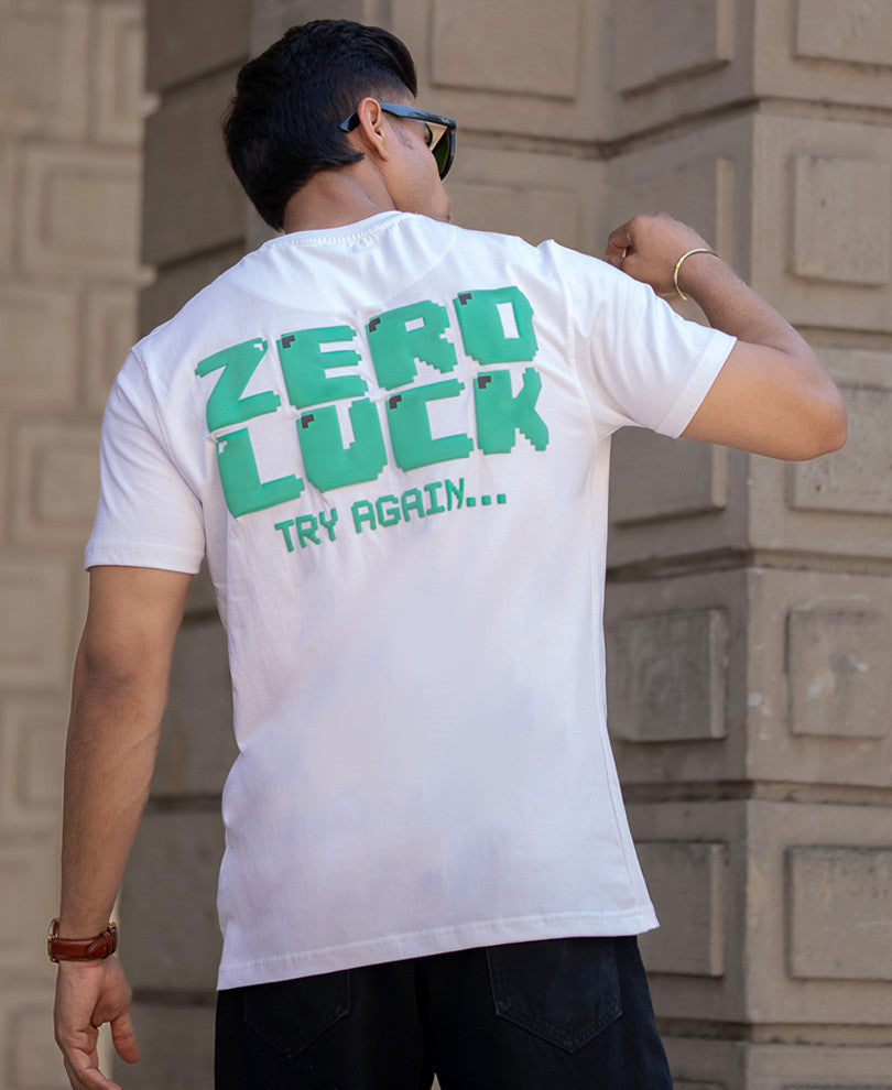 White Zero Luck Print Regular Fit Half Sleeves T-Shirt