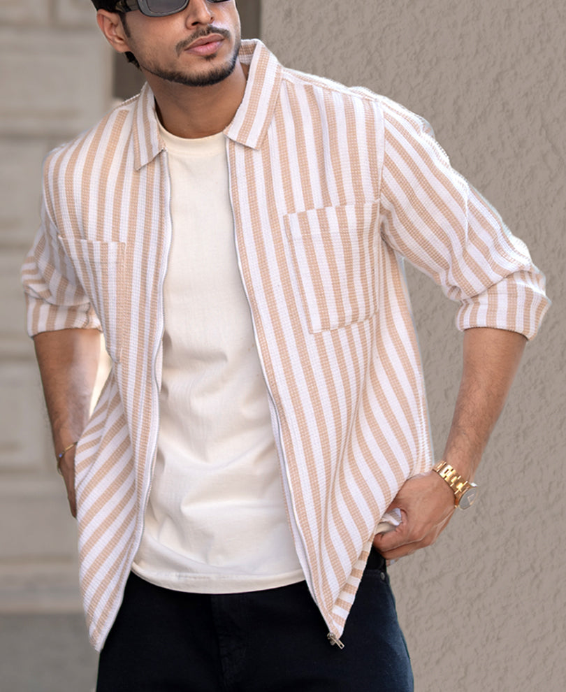 White And Beige Striped Regular Fit Full Sleeves Shirt