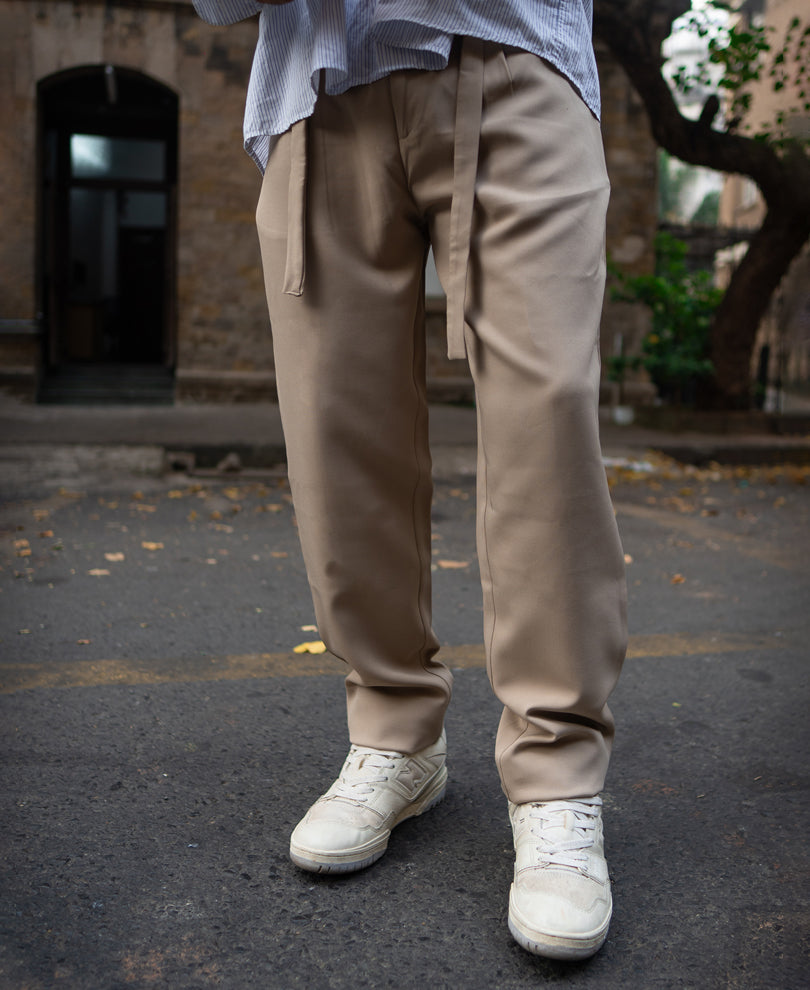 Beige Pleated Trousers With Belt