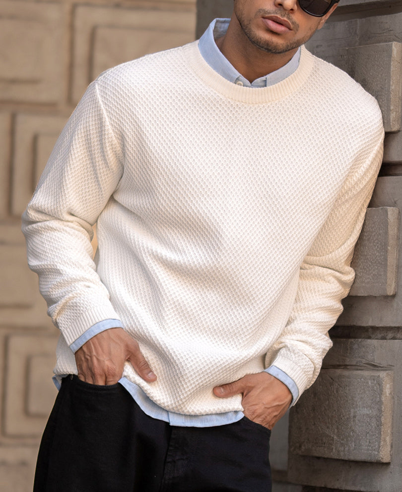 White Structured Full Sleeves Regular Fit T-Shirt