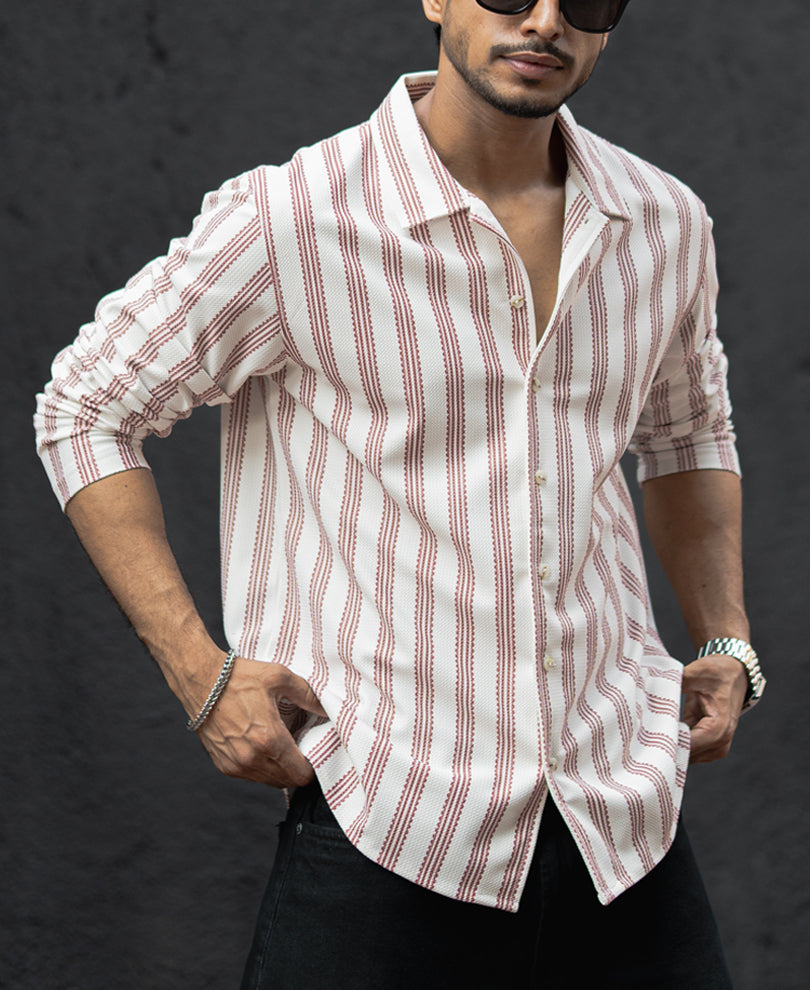 Off-White And Maroon Striped Regular Fit Full Sleeves Shirt