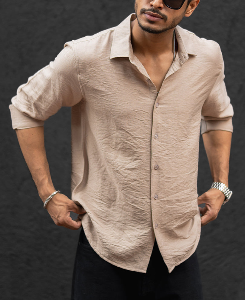 Beige Plain Regular Fit Full Sleeves Shirt