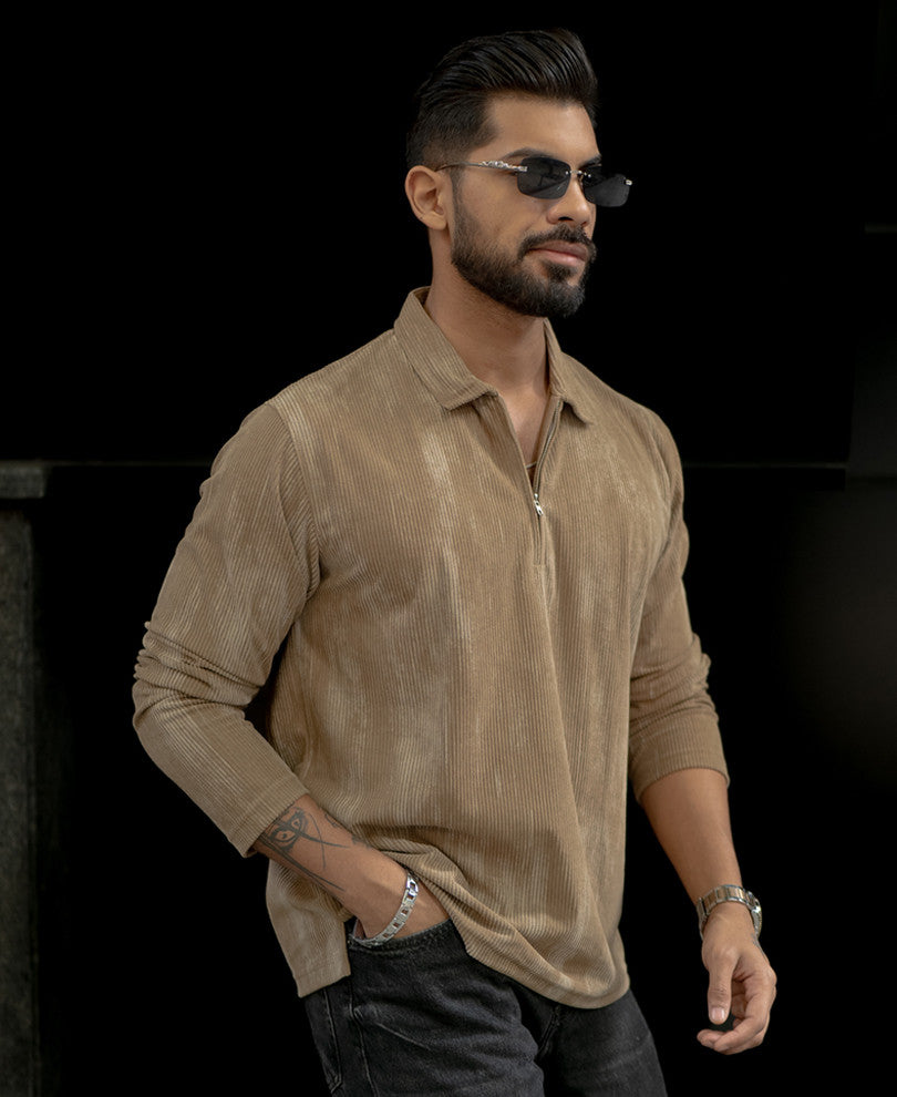 Beige Regular Fit With Zip Full Sleeves T-Shirt