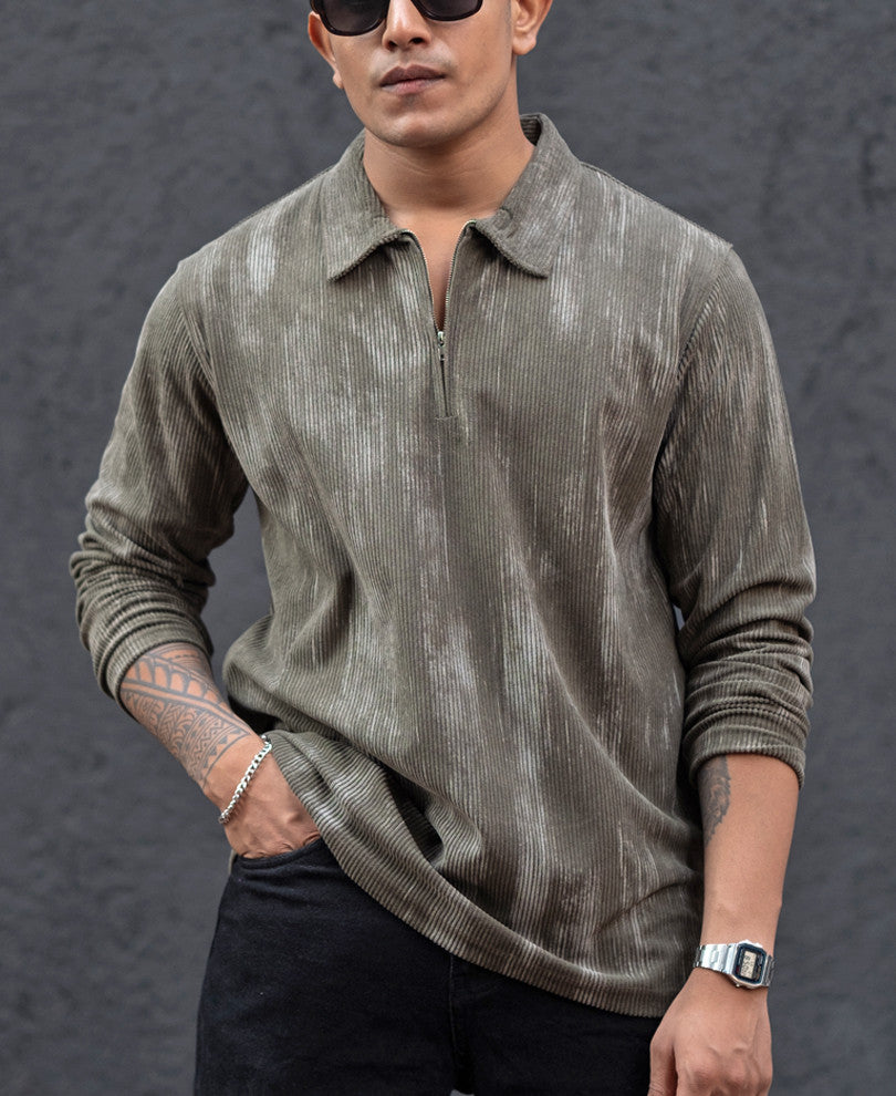 Olive Structured Full Sleeves Regular Fit T-Shirt