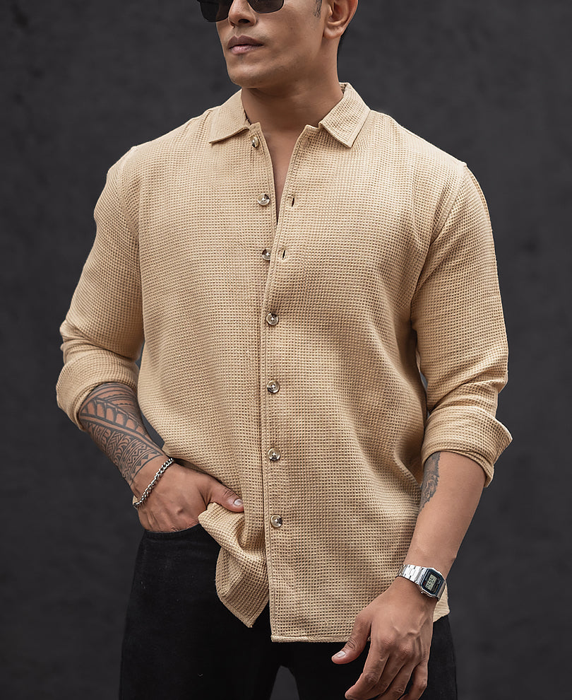 Beige Regular Fit Structured Full Sleeves Shirt