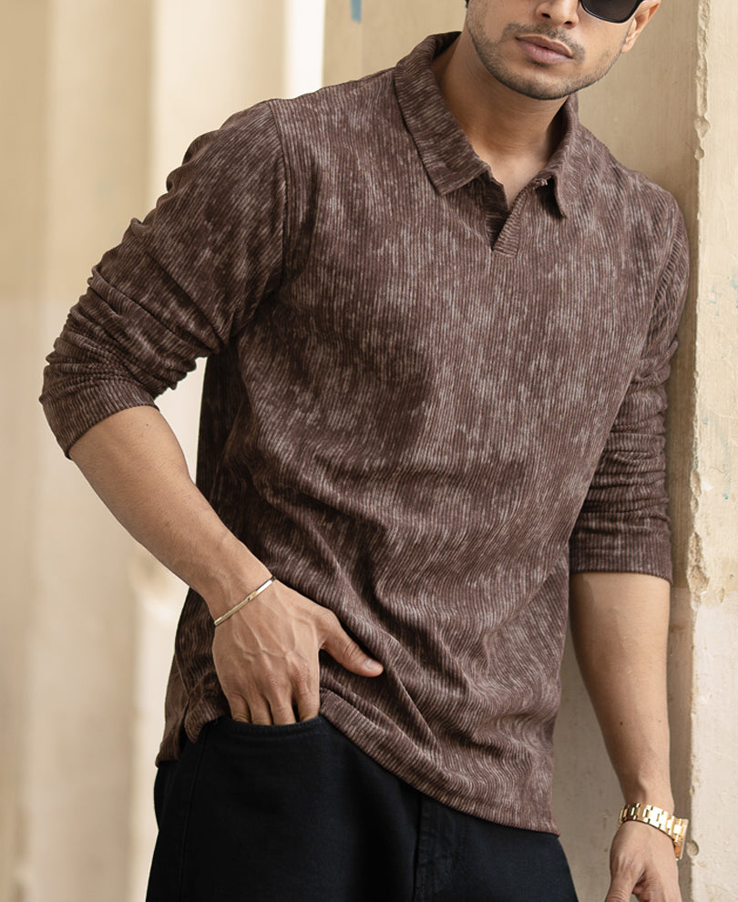 Brown Corduroy Full Sleeves Regular Fit T-Shirt