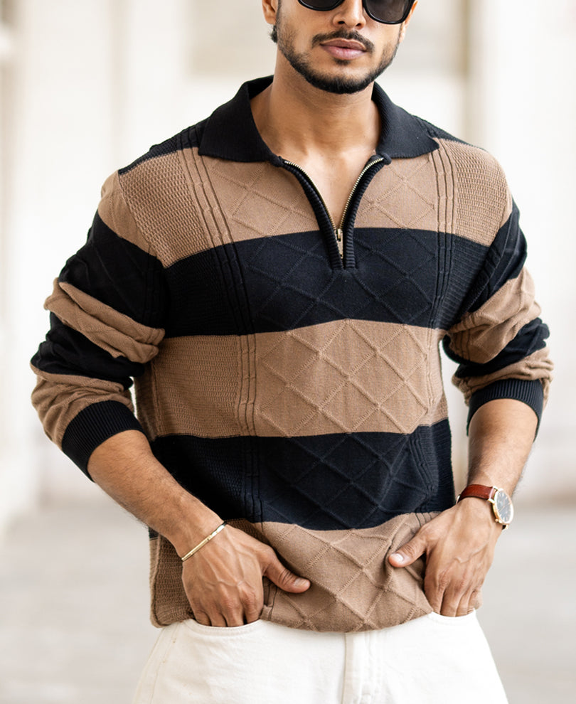 Black And Brown Regular Fit Full Sleeves T-Shirt