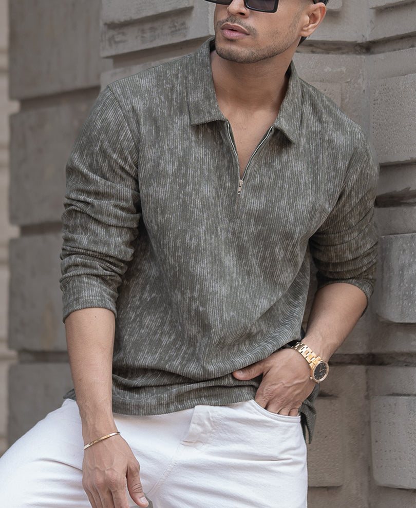 Olive Corduroy Regular Fit Full Sleeves T-Shirt