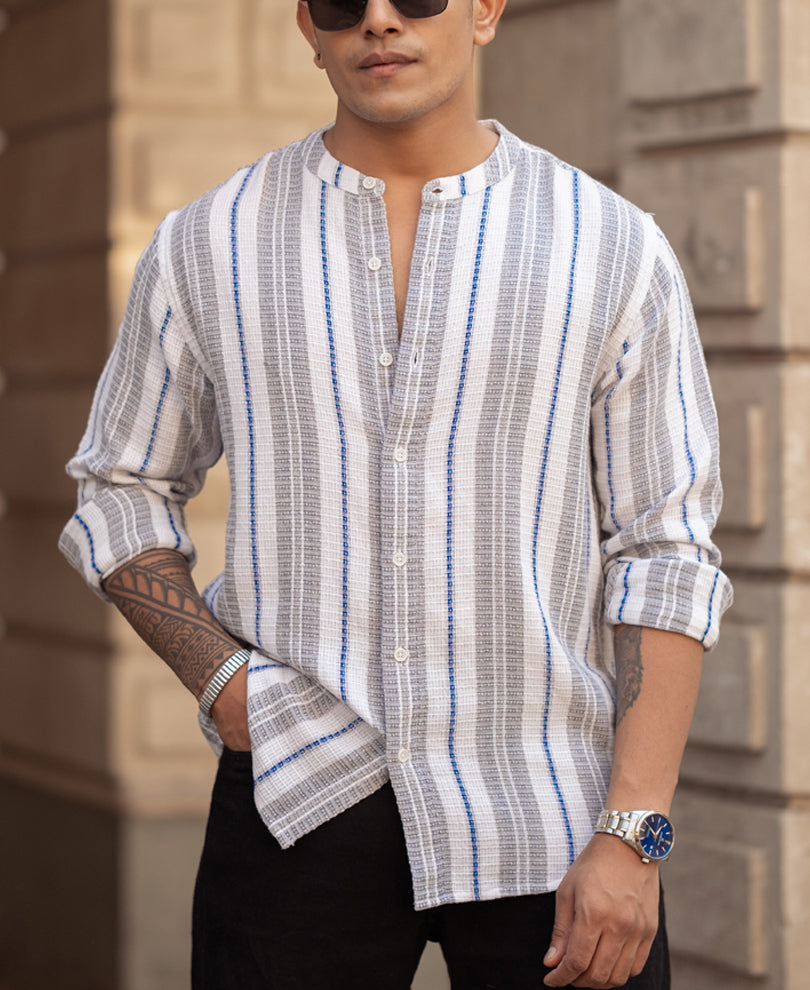 White And Grey Stripes Regular Fit Full Sleeves Shirt