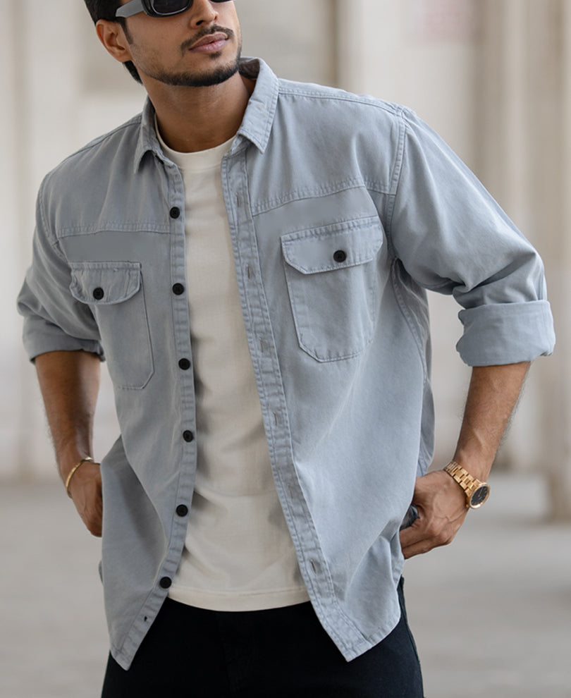 Light Grey Denim Regular Fit Full Sleeves Shirt