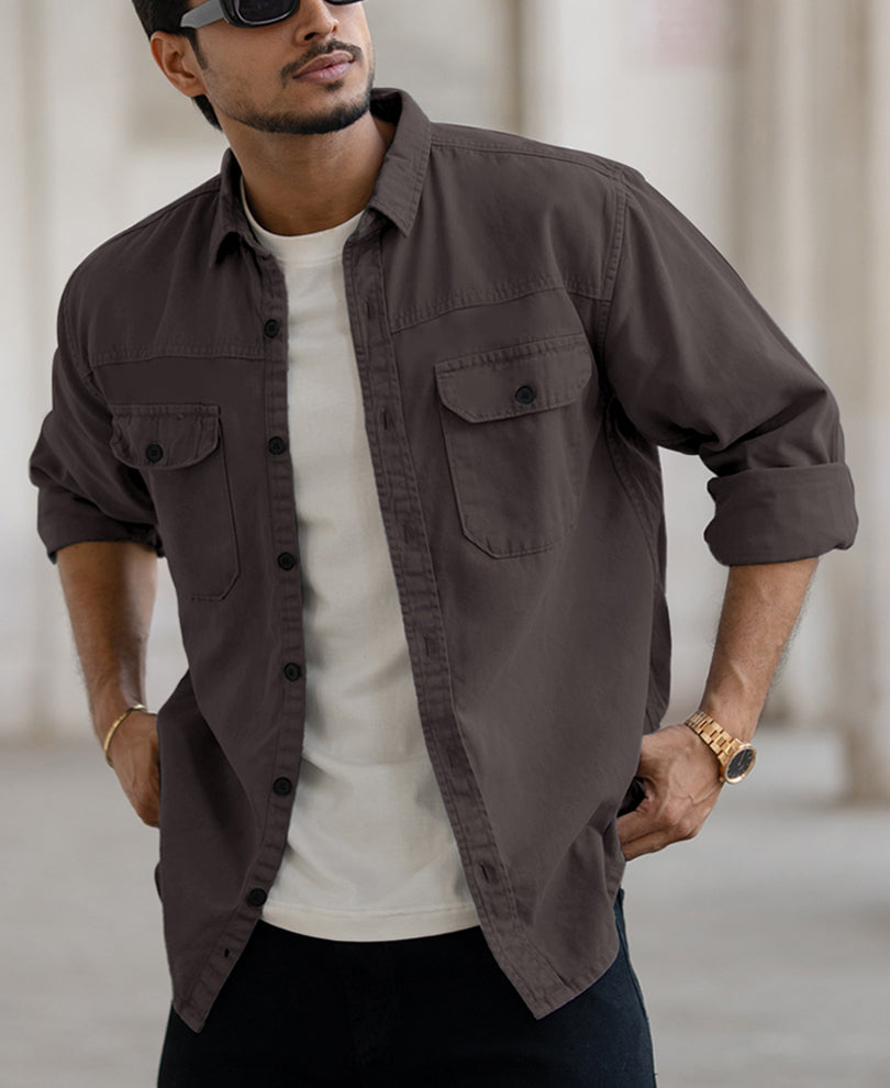 Dark Grey Denim Regular Fit Full Sleeves Shirt