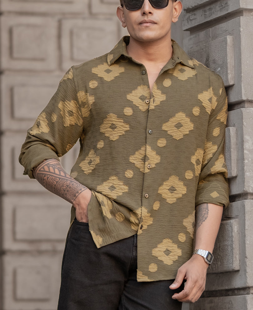 Olive Geometric Jacquard Shirt
