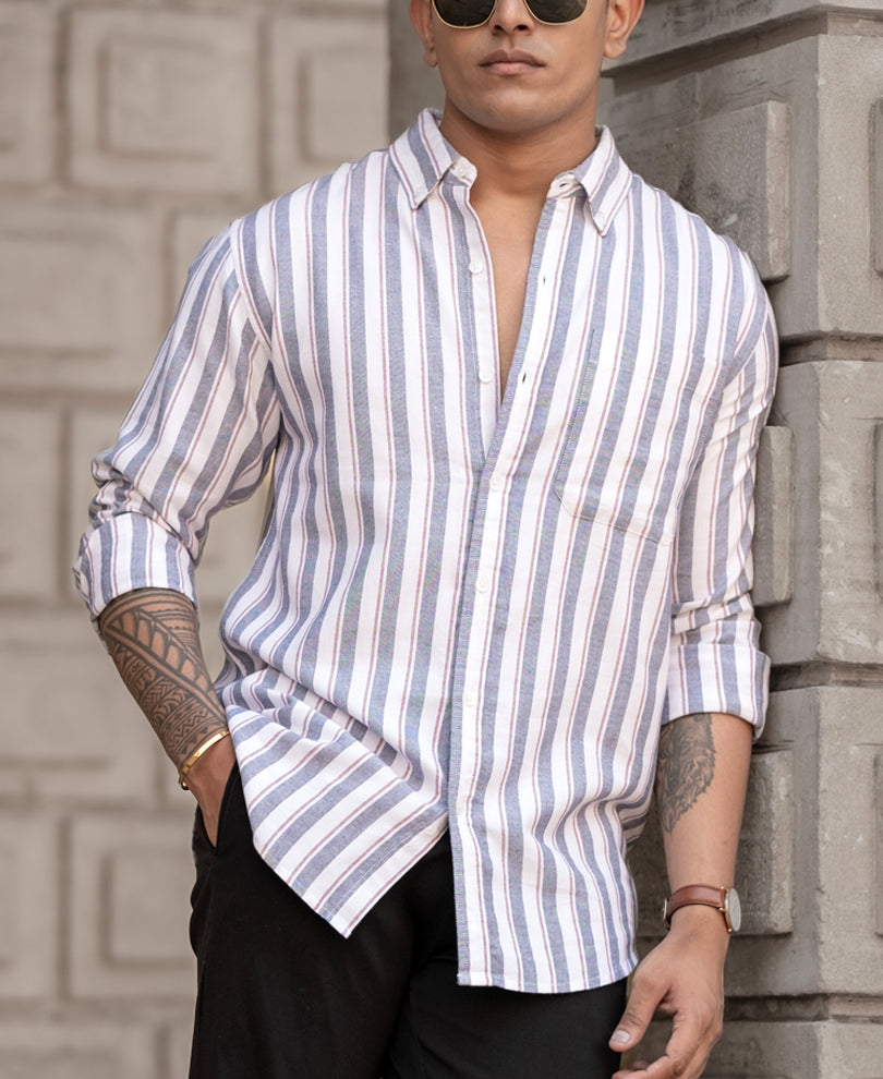 Navy Lightweight Cotton Stripe Shirt
